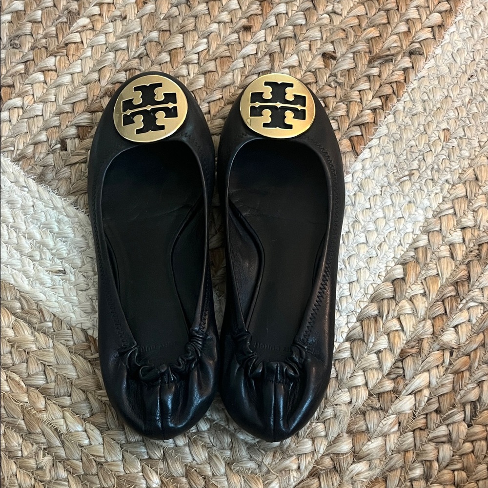 Tory Burch Black Flats with Gold Emblem